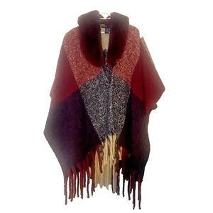 Adrienne Vittadini Faux Fur Collar Plaid Kimono Sweater Jacket Poncho 1 Size
